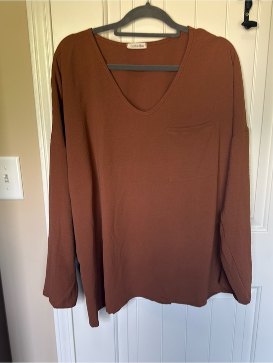 Cotton Bleu Tops - Casual V-Neck Long Sleeve Pocket‎ Top - Brown